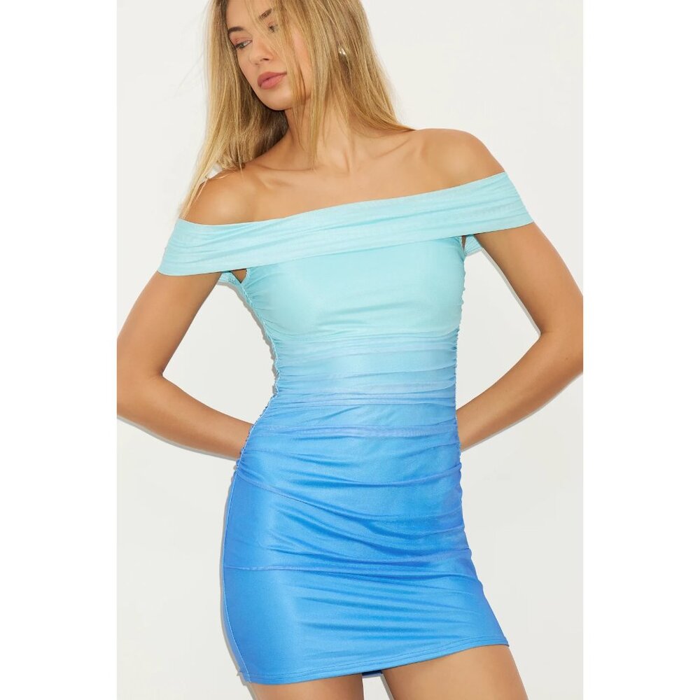 NWT Lulus Aeliana Aqua Ombre Mesh Off-the-shoulder Ruched Mini Dress Blue